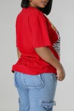 Red Casual Print Basic O Neck T-Shirts