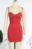 Red Sexy Party Solid Hot Drilling Tassel Sequined Spaghetti Strap Sleeveless Two Pieces