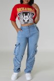 Red Casual Print Basic O Neck T-Shirts