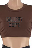 Dark Brown Street Print Letter O Neck Short Sleeve Two Pieces