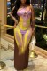 Dark Brown Sexy Print Backless Oblique Collar Long Dress Dresses