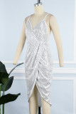 Silver Sexy Party Solid Sequined V Neck Sling Dress Dresses
