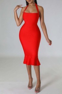 Red Sexy Solid Backless Halter Sleeveless Dress Dresses