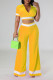 Yellow Casual Solid Patchwork V Neck Short Sleeve Two Pieces