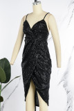 Black Sexy Party Solid Sequined V Neck Sling Dress Dresses