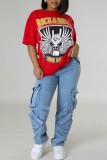 Red Casual Print Basic O Neck T-Shirts