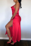 Red Sexy Solid Patchwork High Opening Spaghetti Strap Sling Dress Dresses