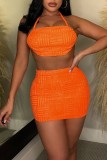 Orange Sexy Solid Bandage Backless Halter Sleeveless Two Pieces