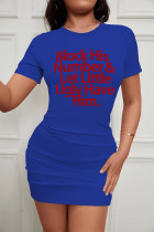 Blue Casual Print Patchwork O Neck One Step Skirt Dresses