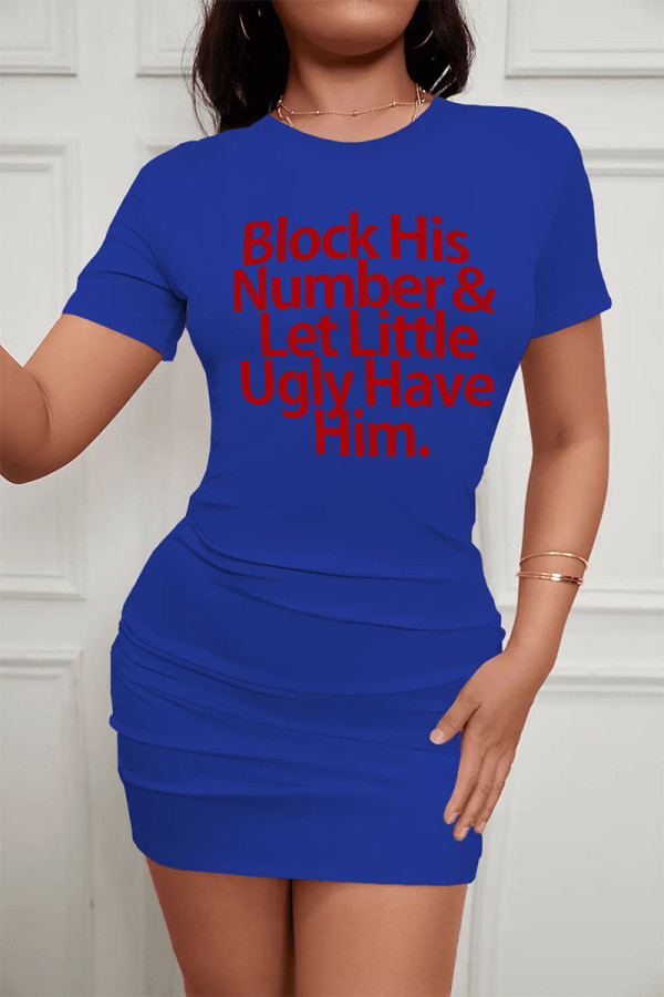 Blue Casual Print Patchwork O Neck One Step Skirt Dresses