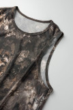 Brown Sexy Print Patchwork Fold O Neck One Step Skirt Dresses