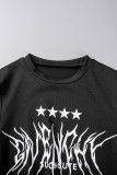 Black Street Print Hollowed Out Patchwork O Neck Short Sleeve Two Pieces