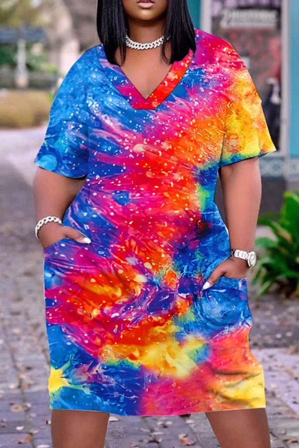 Multicolor Casual Print Patchwork V Neck Short Sleeve Dress