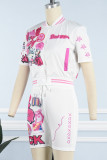 Red Casual Print Patchwork Short Sleeve Two Pieces