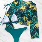 Green Sexy Print Bandage Swimsuit Three Piece Set (With Paddings)