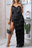 Black Sexy Solid Tassel Patchwork Asymmetrical Spaghetti Strap Evening Dress Dresses