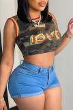 Camouflage Street Print Patchwork O Neck Tops