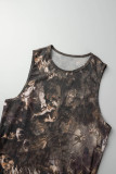 Brown Sexy Print Patchwork Fold O Neck One Step Skirt Dresses