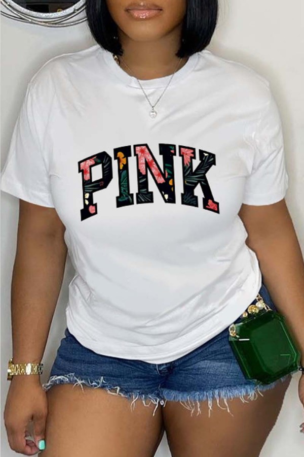 White Casual Letter Print Basic O Neck T-Shirts