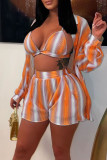 Orange Casual Striped Print Patchwork Buckle Turndown Collar Long Sleeve Two Pieces