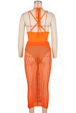 Orange Sexy Solid Hollowed Out Patchwork Spaghetti Strap Sleeveless Two Pieces