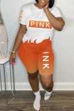 Orange Casual Letter Print Basic O Neck Short Sleeve Two Pieces
