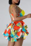 Colour Sexy Print Sequins Patchwork Flounce Spaghetti Strap Sleeveless Two Pieces