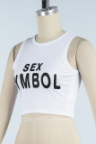 White Casual Letter Print Basic O Neck Tops