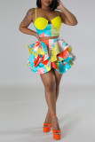 Colour Sexy Print Sequins Patchwork Flounce Spaghetti Strap Sleeveless Two Pieces