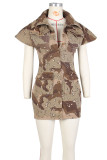 Khaki Street Camouflage Print Patchwork Pocket Buckle One Step Skirt Dresses