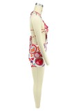 Red Sexy Print Bandage Backless Halter Sleeveless Two Pieces