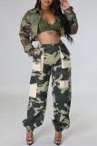 Green Casual Camouflage Print Patchwork Regular High Waist Conventional Full Print Trousers