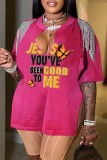Pink Casual Print Tassel Patchwork Slit V Neck T-Shirts