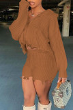 Grey Casual Solid Tassel Patchwork Hooded Collar Long Sleeve Two Pieces