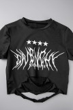 Black Street Print Hollowed Out Patchwork O Neck Short Sleeve Two Pieces
