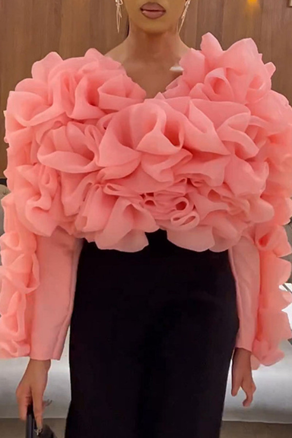 Pink Elegant Solid Patchwork Appliques O Neck Tops