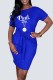 Blue Casual Print Letter O Neck One Step Skirt Dresses