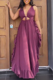 Pink Sexy Solid Bandage Hollowed Out Patchwork Flounce V Neck Straight Dresses
