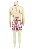 Red Sexy Print Bandage Backless Halter Sleeveless Two Pieces