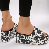 White Patchwork Printing Round Out Door Wedges Shoes (Heel Height 2.36in)