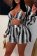 Black Casual Striped Print Patchwork Buckle Turndown Collar Long Sleeve Two Pieces