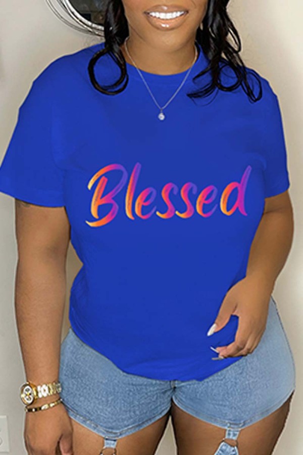 Blue Casual Letter Print Basic O Neck T-Shirts