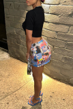 Colour Street Print Patchwork Skinny High Waist Pencil Full Print Bottoms