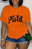 Red Casual Letter Print Basic O Neck T-Shirts