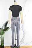Black Casual Letter Print Patchwork O Neck Short Sleeve Two Pieces