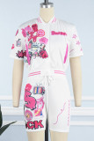 Red Casual Print Patchwork Short Sleeve Two Pieces