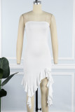 White Sexy Solid Patchwork Backless Strapless Irregular Dress Dresses