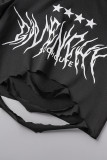 Black Street Print Hollowed Out Patchwork O Neck Short Sleeve Two Pieces