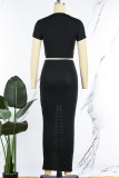 Black Street Print Hollowed Out Patchwork O Neck Short Sleeve Two Pieces