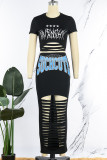 Black Street Print Hollowed Out Patchwork O Neck Short Sleeve Two Pieces